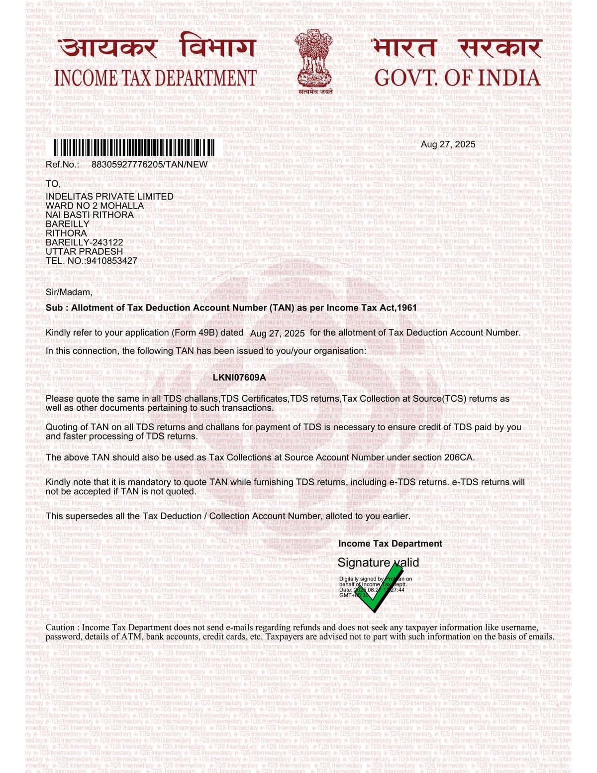 TAN Certificate